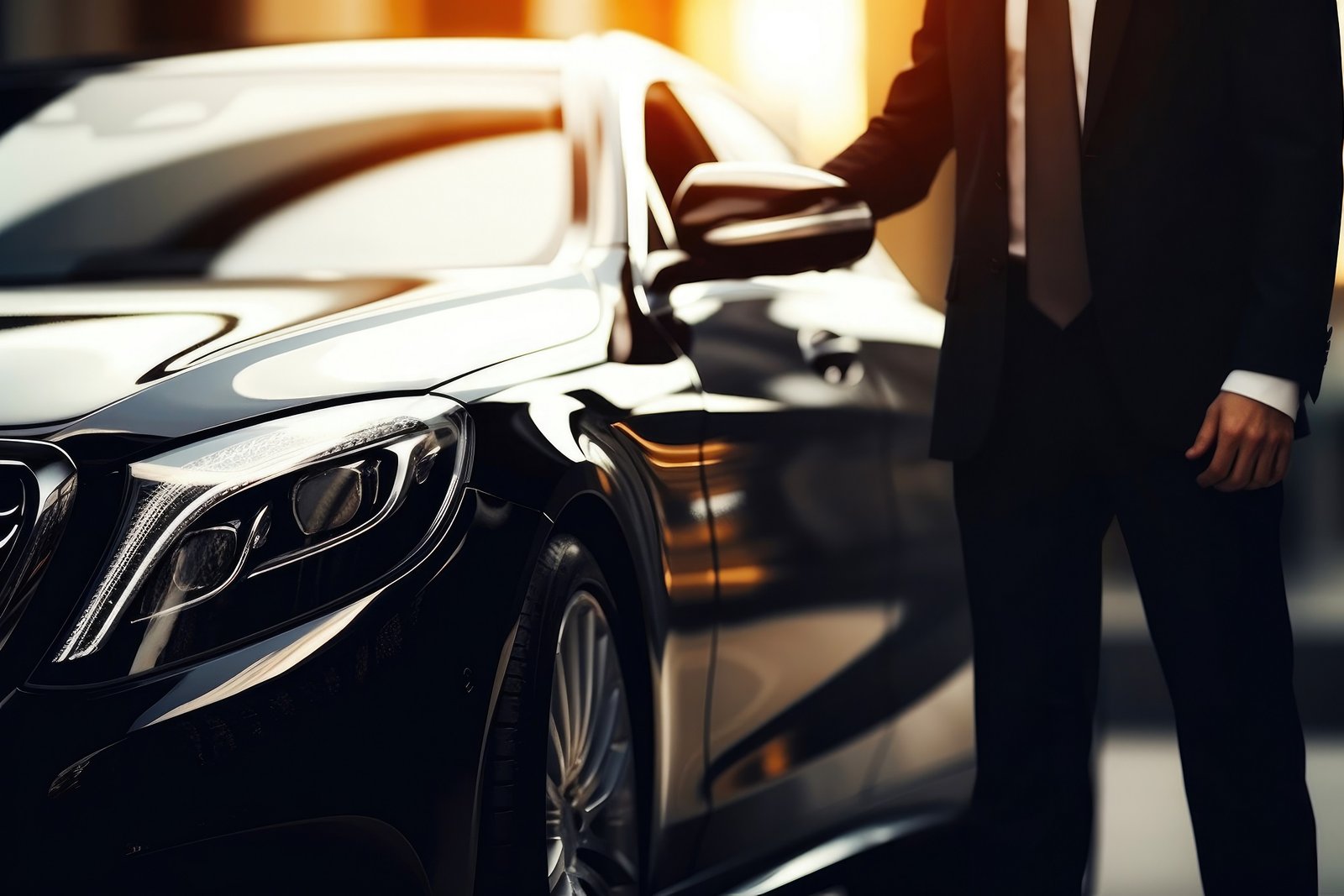 Premium sedan with professional chauffeur from Fly Limo in warm evening light